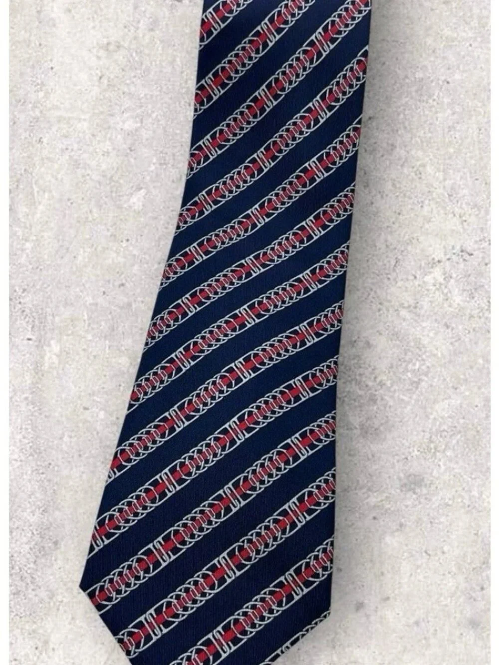 HERMÈS 5402 OA Silk Tie FRANCE Navy Red White Striped Chain W:3.7" EUC - Picture 6 of 6